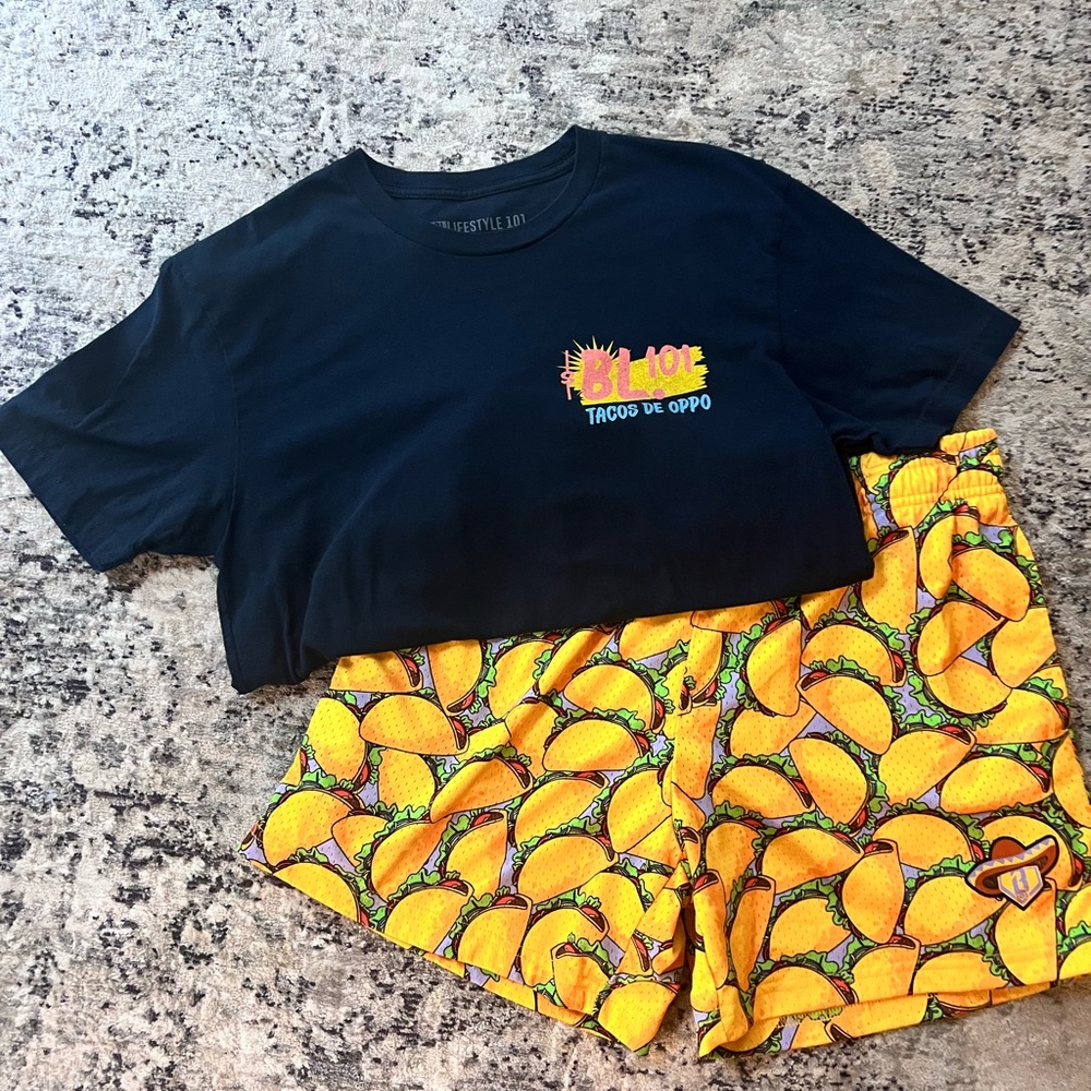 Tacos De Oppo Black Graphic Tee with Yellow Taco-Print Athletic Shorts
